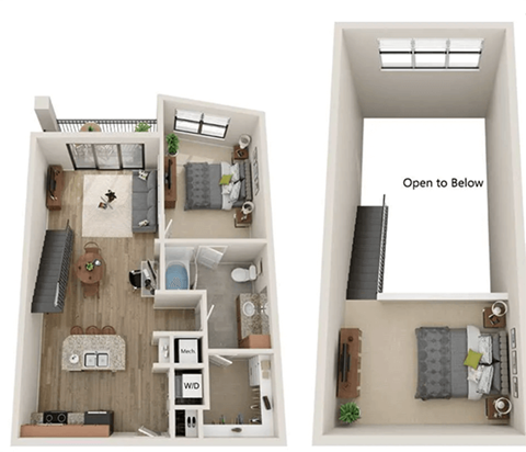 Floor plan for 1 bed, 1 bath, 986 sqft