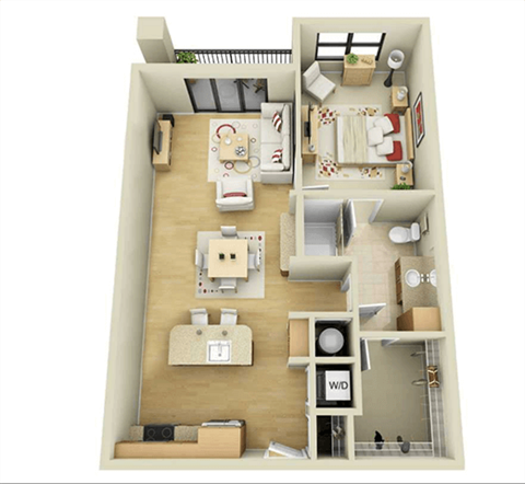 Floor plan for 1 bed, 1 bath, 855 sqft