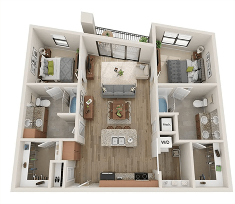 Floor plan for 2 beds, 2 baths, 993 sqft