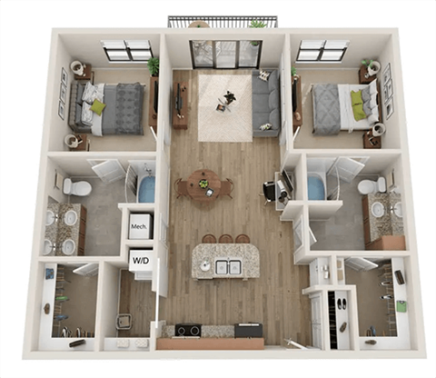 Floor plan for 2 beds, 2 baths, 1126 sqft