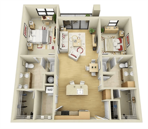 Floor plan for 2 beds, 2 baths, 1173 sqft