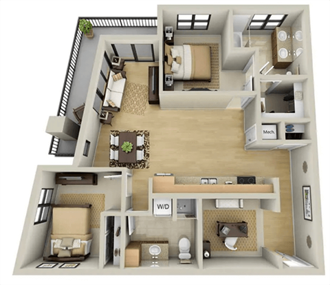 Floor plan for 2 beds, 2 baths, 1182 sqft