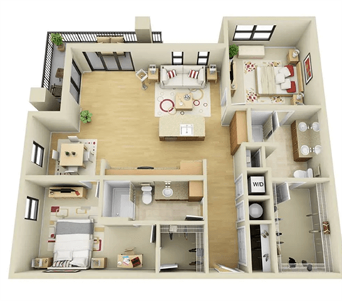 Floor plan for 2 beds, 2 baths, 1329 sqft