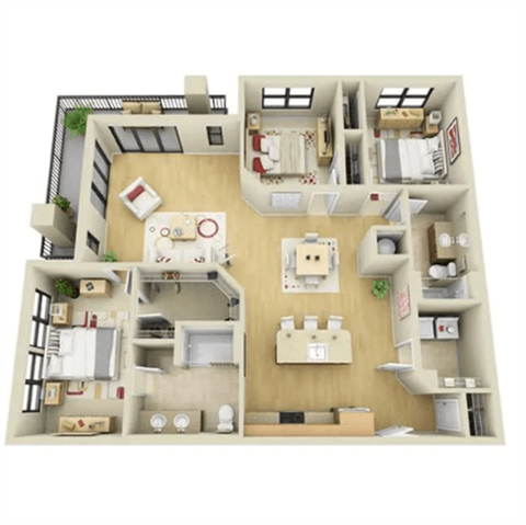 Floor plan for 3 beds, 2 baths, 1426 sqft