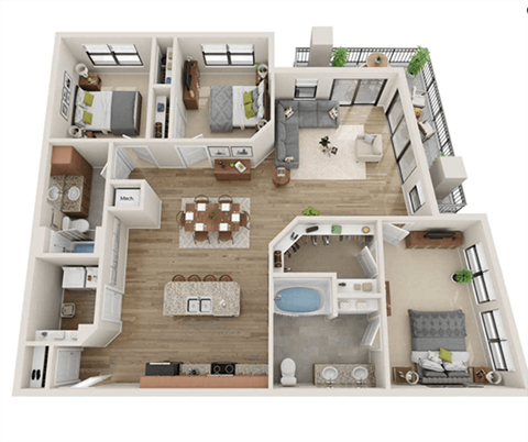Floor plan for 3 beds, 2 baths, 1522 sqft