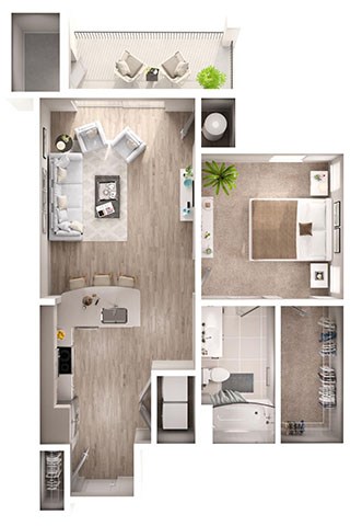 Floor plan for 1 bed, 1 bath, 757 sqft