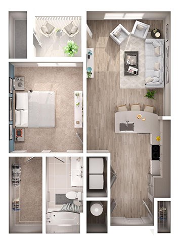 Floor plan for 1 bed, 1 bath, 737 sqft