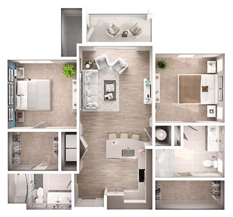Floor plan for 2 beds, 2 baths, 1064 sqft