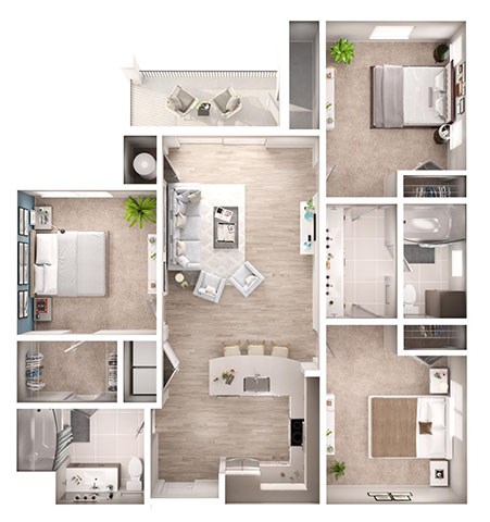 Floor plan for 3 beds, 2 baths, 1262 sqft