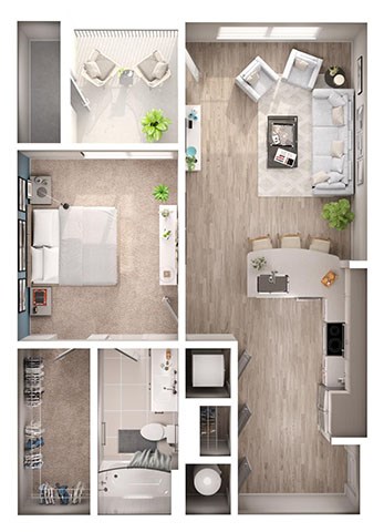 Floor plan for 1 bed, 1 bath, 758 sqft