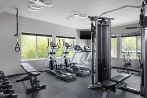 Hillsboro apartment for rent - A gym with a variety of equipment including treadmills, weights, and a television.