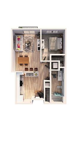 Floor plan for 1 bed, 1 bath, 675 sqft