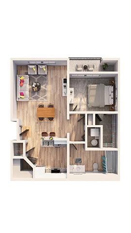 Floor plan for 1 bed, 1 bath, 645 sqft