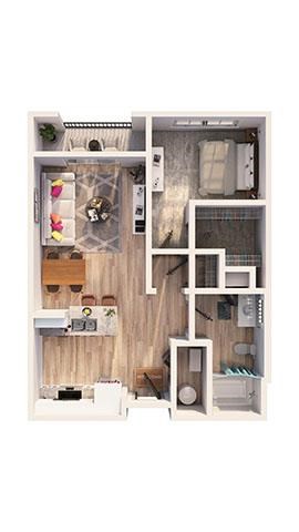 Floor plan for 1 bed, 1 bath, 690 sqft
