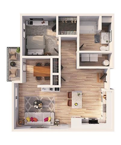 Floor plan for 1 bed, 1 bath, 875 sqft