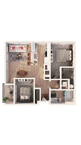 Floor plan for 2 beds, 1 bath, 860 sqft