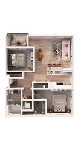 Floor plan for 2 beds, 1 bath, 965 sqft