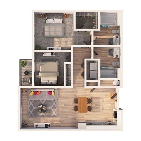 Floor plan for 2 beds, 2 baths, 960 sqft