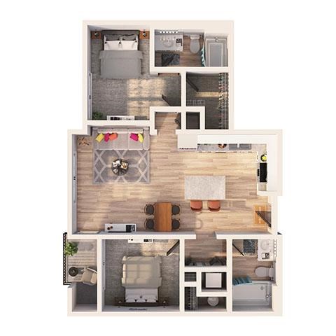 Floor plan for 2 beds, 2 baths, 995 sqft