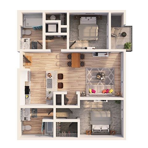 Floor plan for 2 beds, 2 baths, 1005 sqft