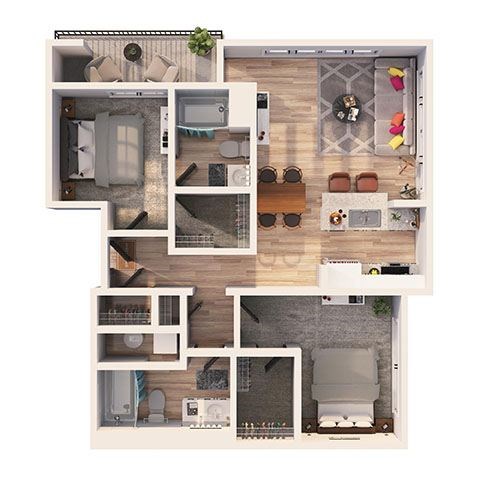 Floor plan for 2 beds, 2 baths, 1040 sqft