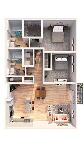 Floor plan for 2 beds, 2 baths, 1045 sqft