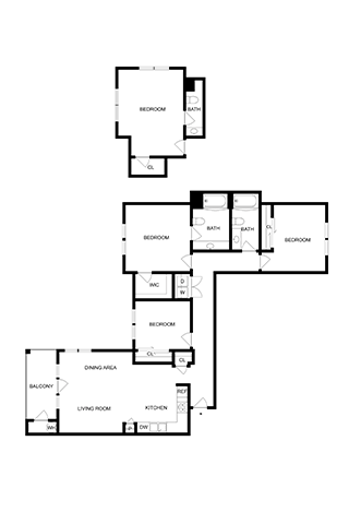 Floor plan for 3 beds, 2 baths, 1376 sqft