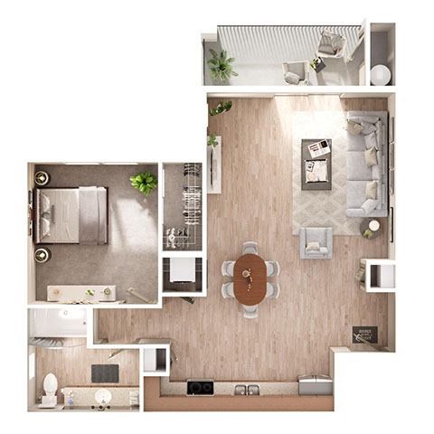 Floor plan for 1 bed, 1 bath, 799 sqft