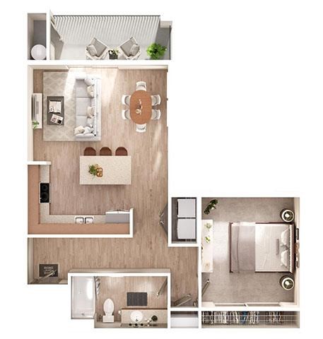 Floor plan for 1 bed, 1 bath, 760 sqft