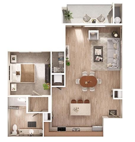 Floor plan for 1 bed, 1 bath, 838 sqft