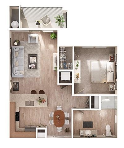 Floor plan for 1 bed, 1 bath, 750 sqft