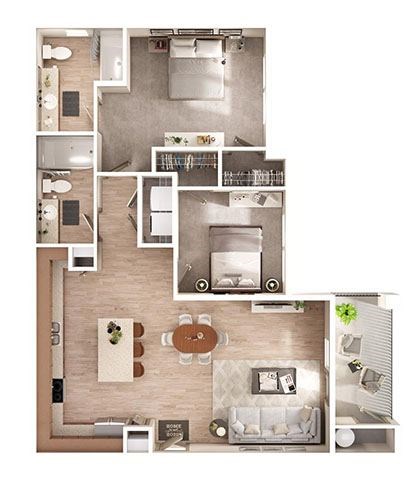 Floor plan for 2 beds, 2 baths, 1014 sqft
