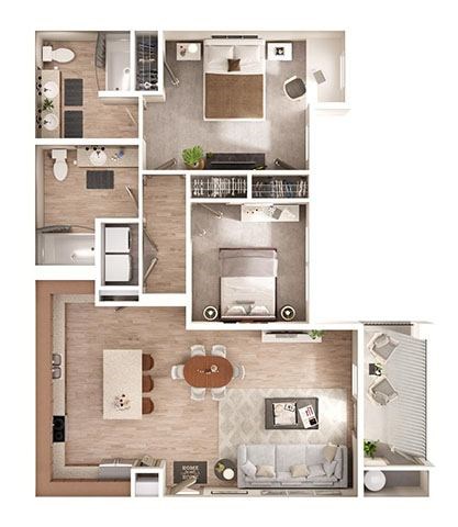 Floor plan for 2 beds, 2 baths, 1059 sqft