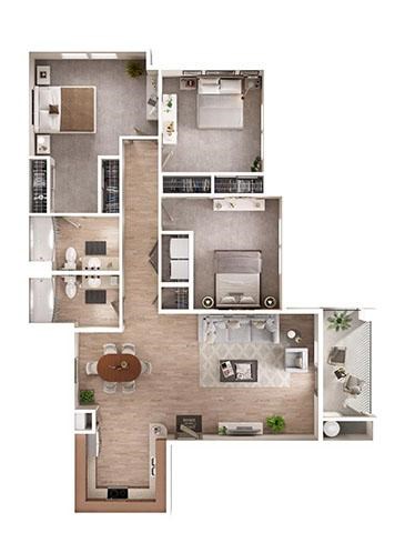 Floor plan for 3 beds, 2 baths, 1312 sqft