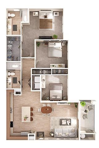 Floor plan for 3 beds, 2 baths, 1258 sqft