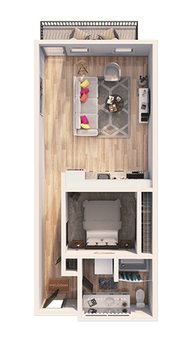 Floor plan for 1 bed, 1 bath, 661 sqft