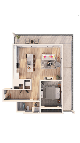 Floor plan for 1 bed, 1 bath, 716 sqft