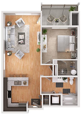 Floor plan for 1 bed, 1 bath, 744 sqft