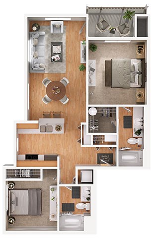 Floor plan for 2 beds, 2 baths, 978 sqft