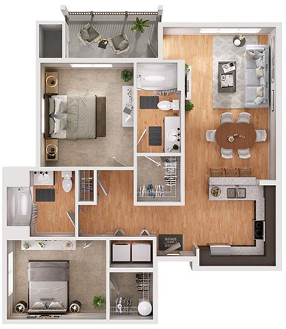 Floor plan for 2 beds, 3 baths, 1069 sqft