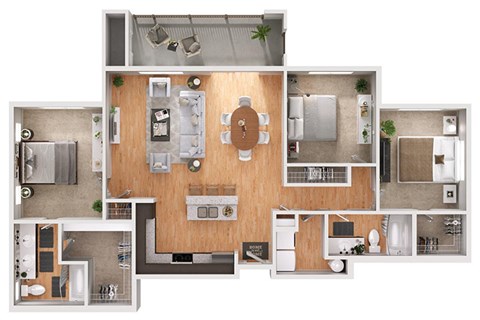 Floor plan for 3 beds, 2 baths, 1355 sqft