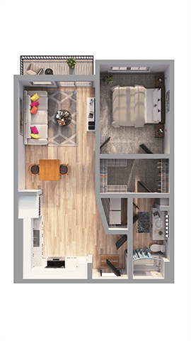 Floor plan for 1 bed, 1 bath, 691 sqft