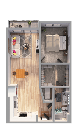 Floor plan for 1 bed, 1 bath, 790 sqft