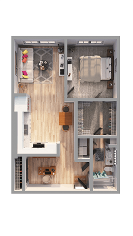 Floor plan for 1 bed, 1 bath, 840 sqft