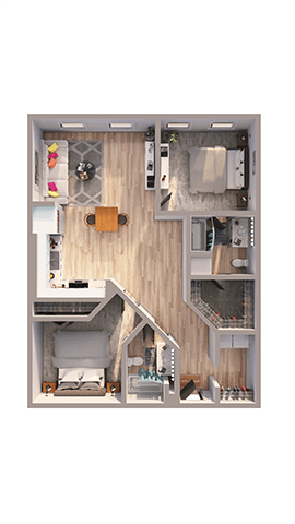 Floor plan for 2 beds, 2 baths, 1165 sqft