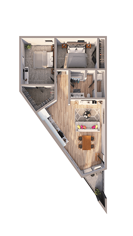 Floor plan for 2 beds, 1 bath, 959 sqft