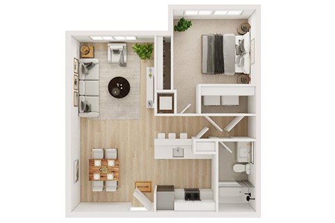 Floor plan for 1 bed, 1 bath, 749 sqft