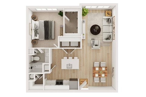 Floor plan for 1 bed, 1 bath, 859 sqft