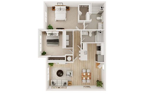 Floor plan for 2 beds, 2 baths, 1047 sqft