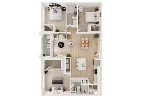 Floor plan for 3 beds, 2 baths, 1286 sqft